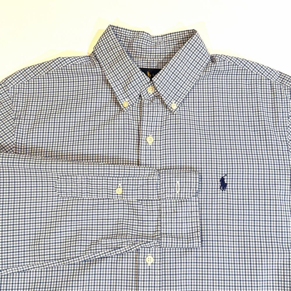Ralph Lauren Men's Classic Fit Mini Check Blue Plaid Button-Down Shirt Medium